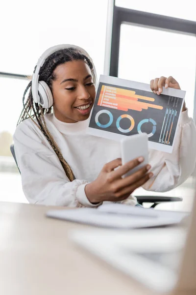 Smiling african american businesswoman in headphones holding paper while having video call on smartphone — Stock Photo