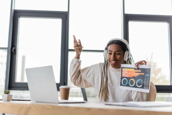 Afroamerikanische Geschäftsfrau mit Kopfhörer hält während eines Videogesprächs am Laptop im Büro Papier mit Diagrammen in der Hand — Stockfoto