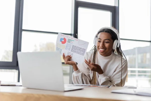 Femme d'affaires afro-américaine joyeuse dans les écouteurs pointant vers le papier avec des graphiques pendant l'appel vidéo sur ordinateur portable — Photo de stock