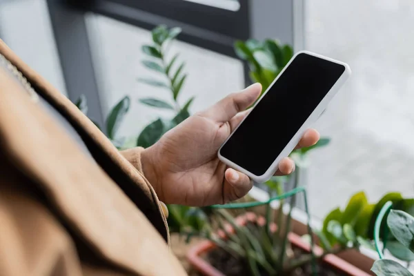 Cropped view of african american businesswoman holding smartphone with blank screen in office — Stock Photo