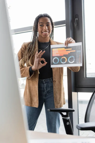 Smiling african american businesswoman showing ok gesture and holding paper with charts during video call — Stock Photo