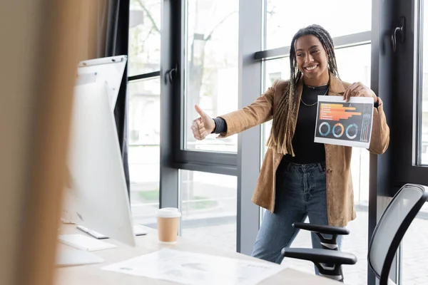 Afro-americana donna d'affari mostra come gesto e in possesso di carta durante la videochiamata sul computer in ufficio — Foto stock