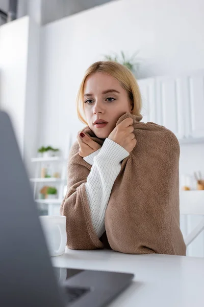 Freelancer loira coberto de cobertor olhando para laptop perto da xícara de chá na mesa — Fotografia de Stock