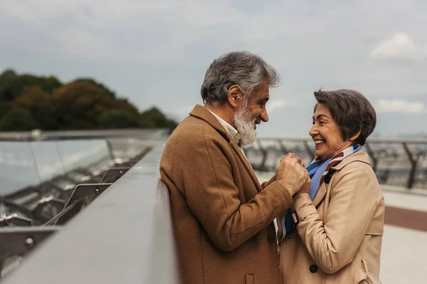 Visão lateral da mulher sênior feliz de mãos dadas com marido alegre perto de ponte guarda ferroviário — Fotografia de Stock