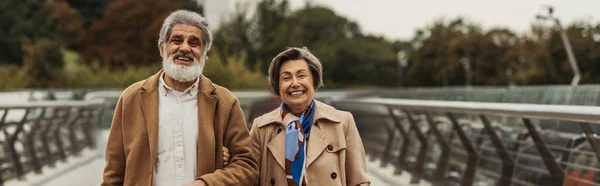 Alegre anciano mujer caminando con feliz marido sonriendo fuera, bandera - foto de stock