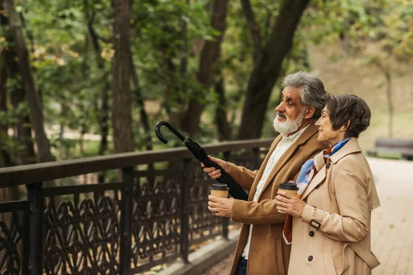 Bearded senior man pointing with umbrella while talking with wife in park — Stock Photo