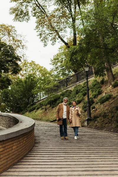 Vista completa de la pareja de personas mayores en abrigos caminando con café para ir y paraguas en el parque - foto de stock