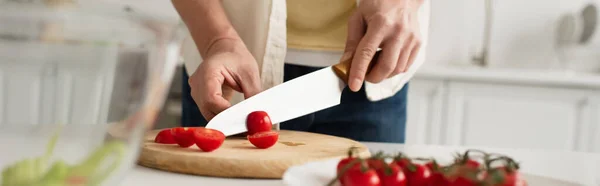 Abgeschnittene Ansicht eines Mannes, der Kirschtomaten auf verschwommenem Vordergrund hackt, Banner — Stockfoto