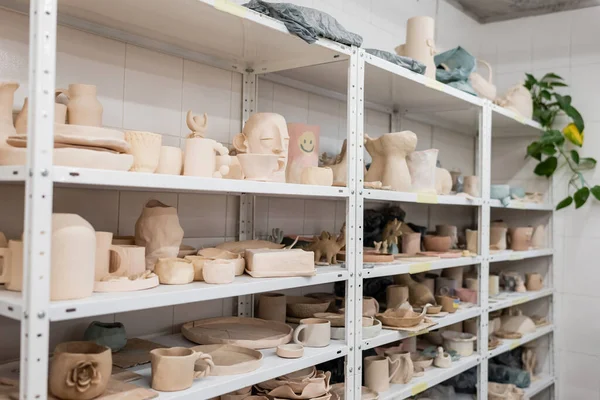 Different clay sculptures near cups and bowls on shelves of pottery shop — Stock Photo