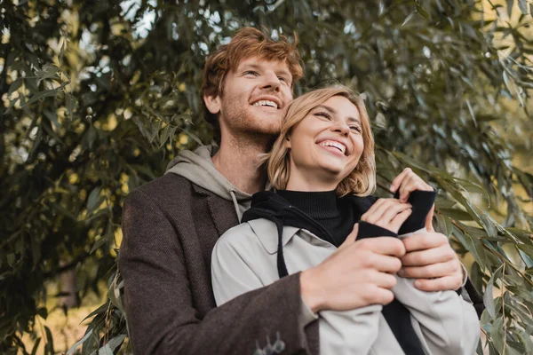 Vue à faible angle de l'homme heureux étreignant jeune femme joyeuse près des feuilles vertes sur l'arbre — Photo de stock