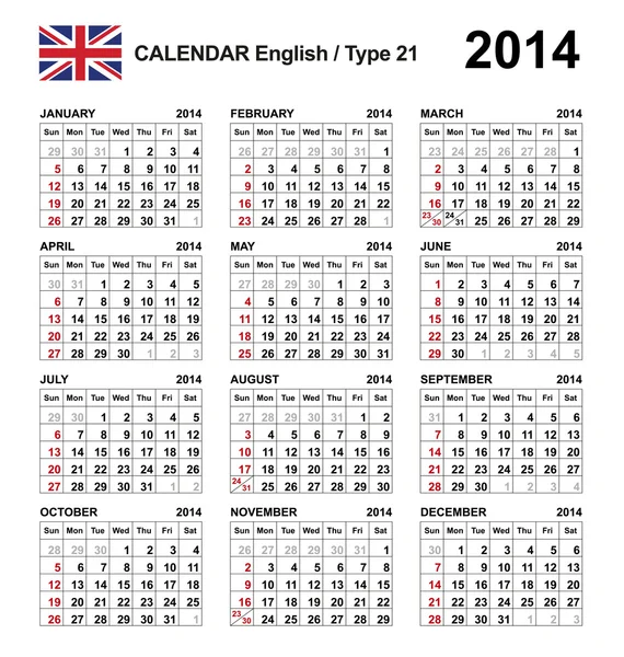 Calendário 2014 Inglês Tipo 21 — Vetor de Stock