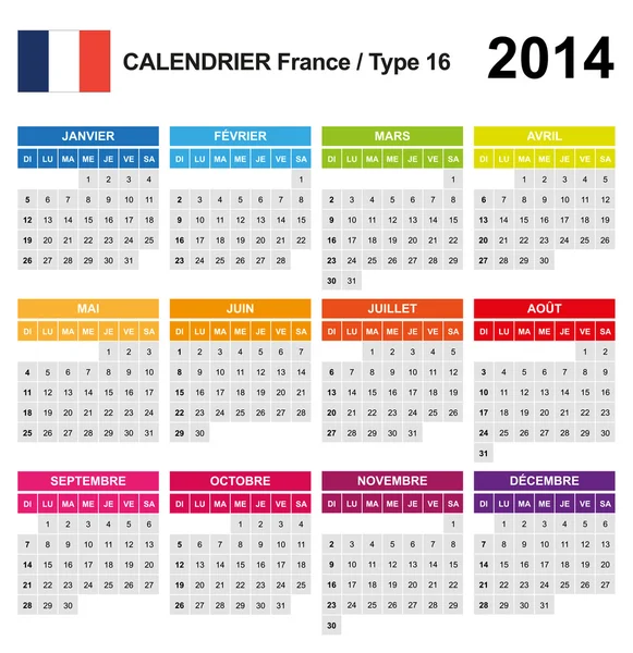Calendário 2014 França Tipo 16 —  Vetores de Stock