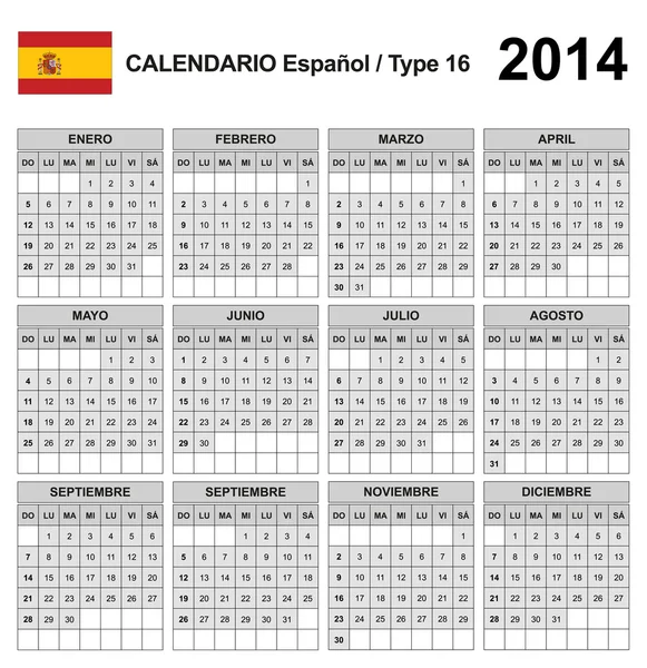 Type 16 Spanje kalender 2014 — Stockvector