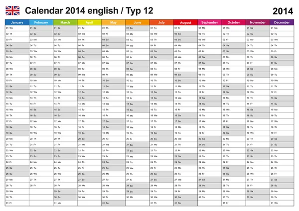 Calendario 2014 Inglese Tipo 12 — Vettoriale Stock