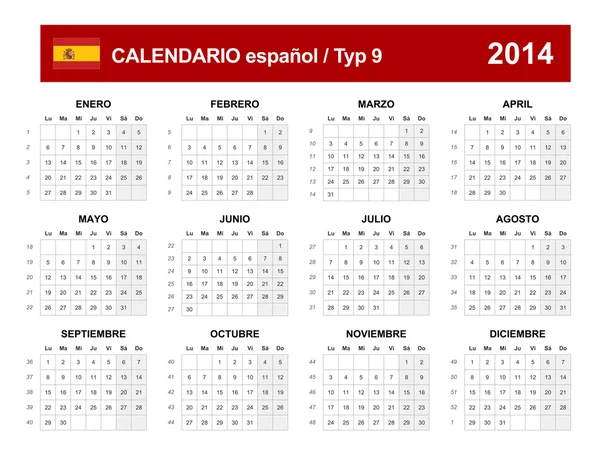 Calendario 2014 Spagna Typ 9 — Vettoriale Stock