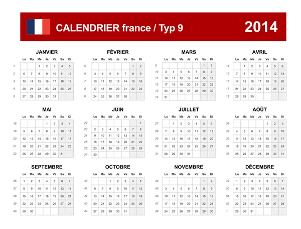 Calendário 2014 FrançaTipo 9 —  Vetores de Stock