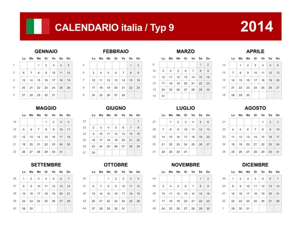 Calendário 2014 Itália Tipo 9 — Vetor de Stock