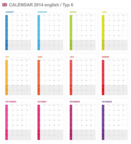 Calendario 2014 Inglese Tipo 6 — Vettoriale Stock