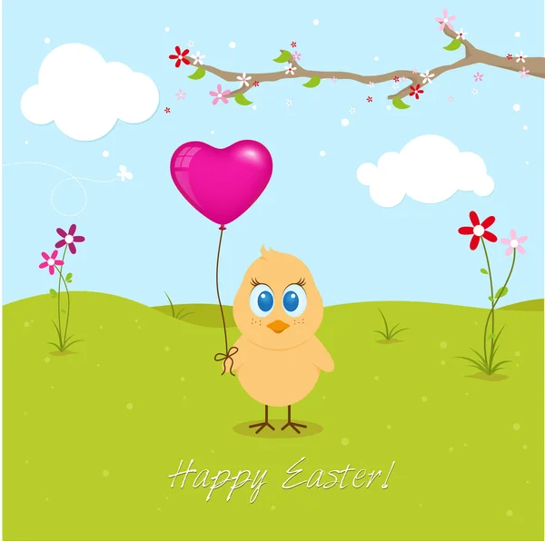 Easter Chicklet With Big Heart Balloon — Stock Vector