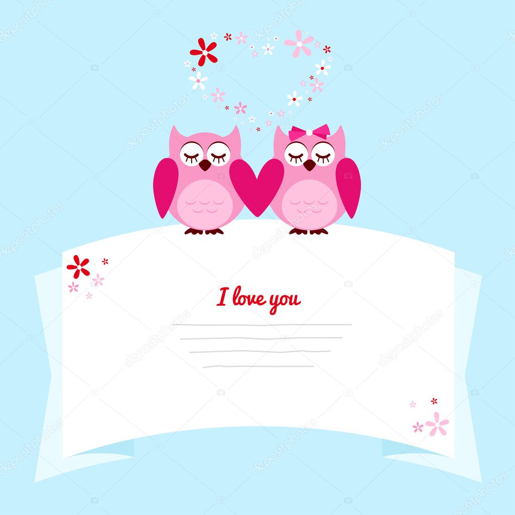 Two Pink Owl In Love On A Ribbon