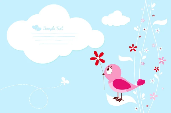 Pink Bird With Flower — Stock Vector