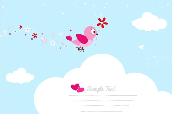 Flying Pink Bird With Love Flower — Stock Vector