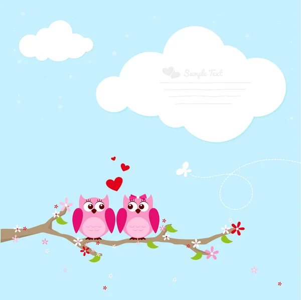 Two Pink Owl In Love On A Tree — Stock Vector