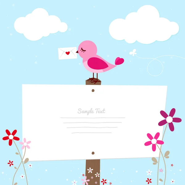 Pájaro rosa con carta de amor — Vector de stock