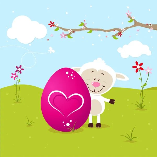 Bonita oveja con huevo rosa grande — Vector de stock