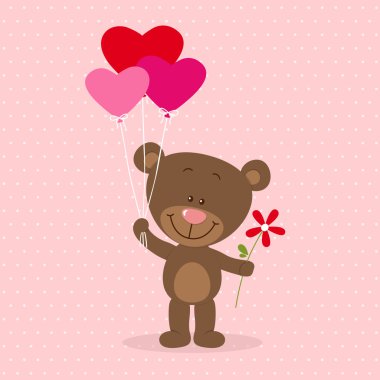 Minik ayı ile kalp balonlar ve çiçek