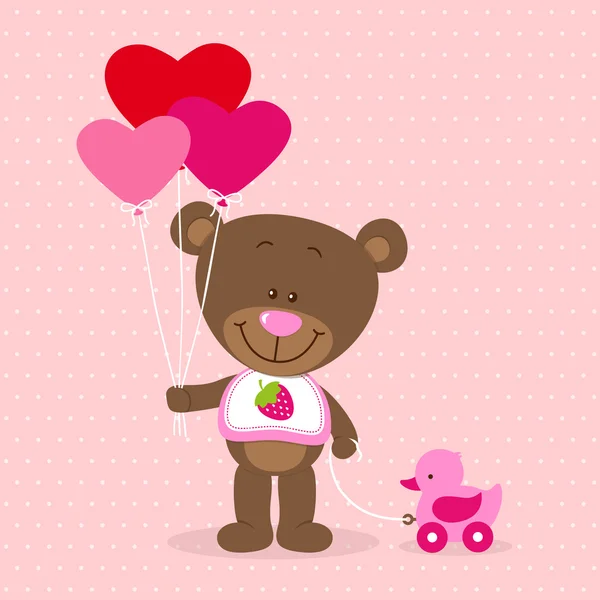 Petit ours avec ballons cardiaques et jouet — Image vectorielle