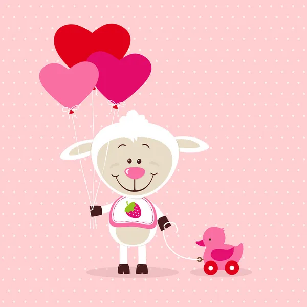 Pequena ovelha com balões de coração e brinquedo — Vetor de Stock