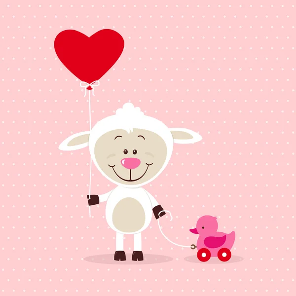 Pequena ovelha com balão de coração e brinquedo — Vetor de Stock