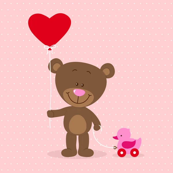 Pequeno urso com balão de coração e brinquedo — Vetor de Stock