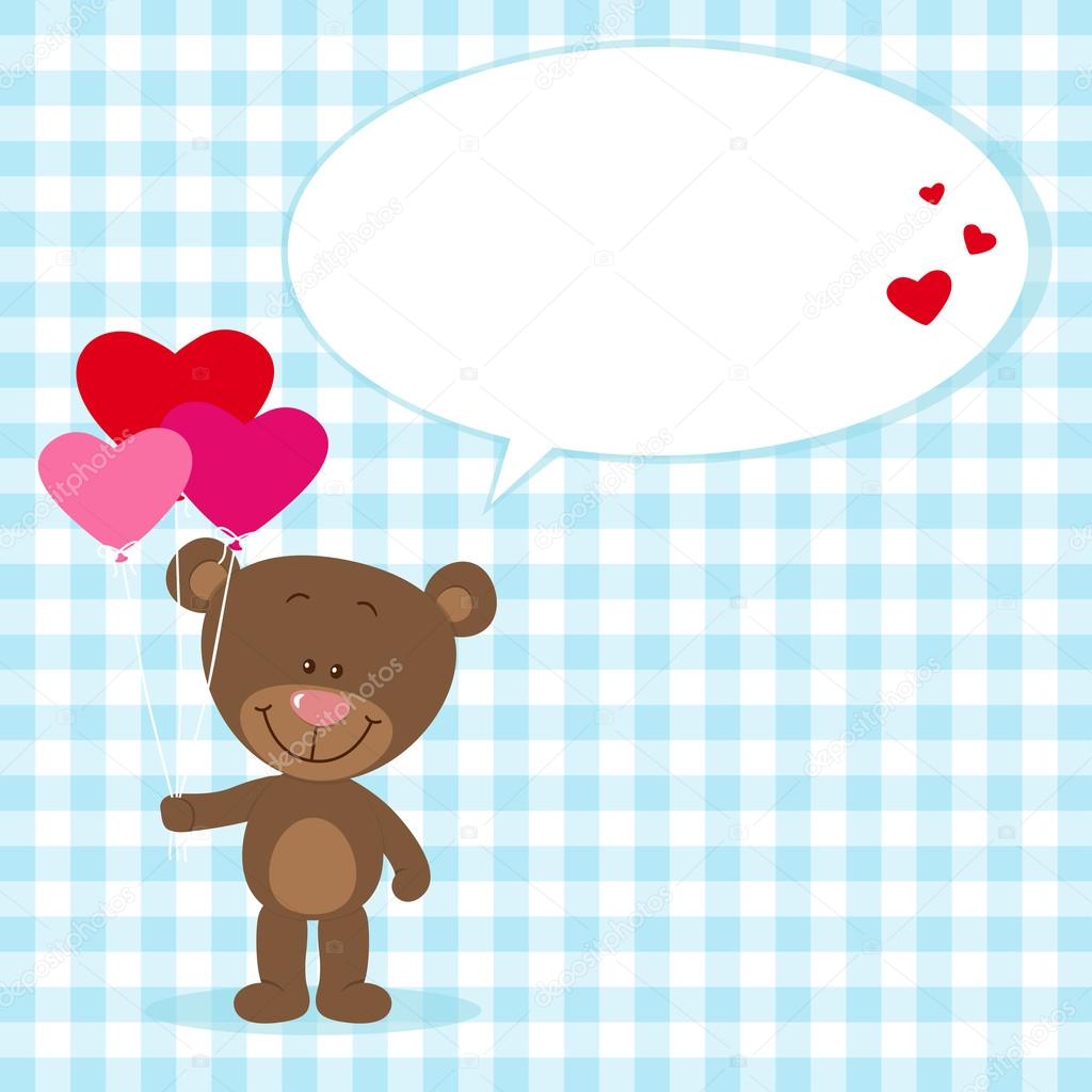 Little bear with heart ballons and speech bubble