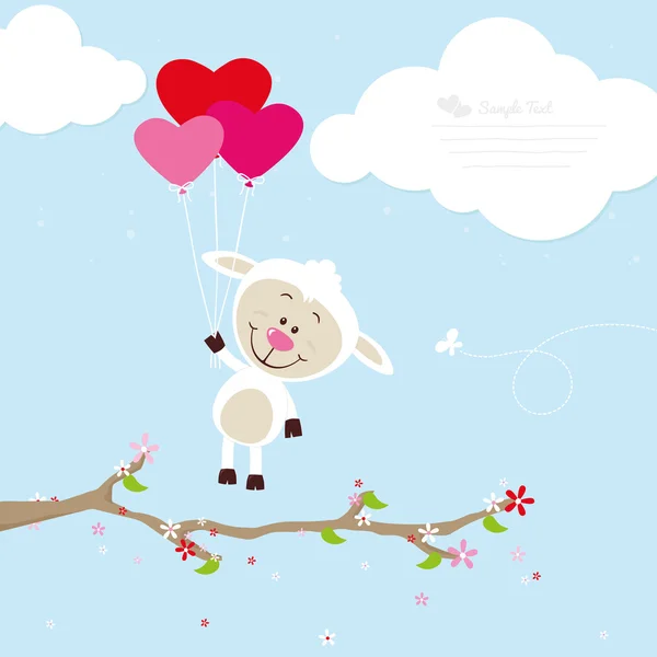 Vliegende kleine schapen met hart ballonnen — Stockvector