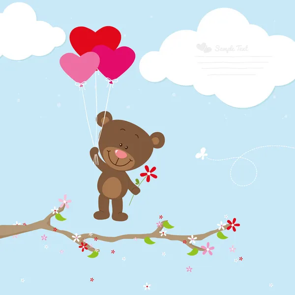 Flying little bear with heart balloons — Stock Vector