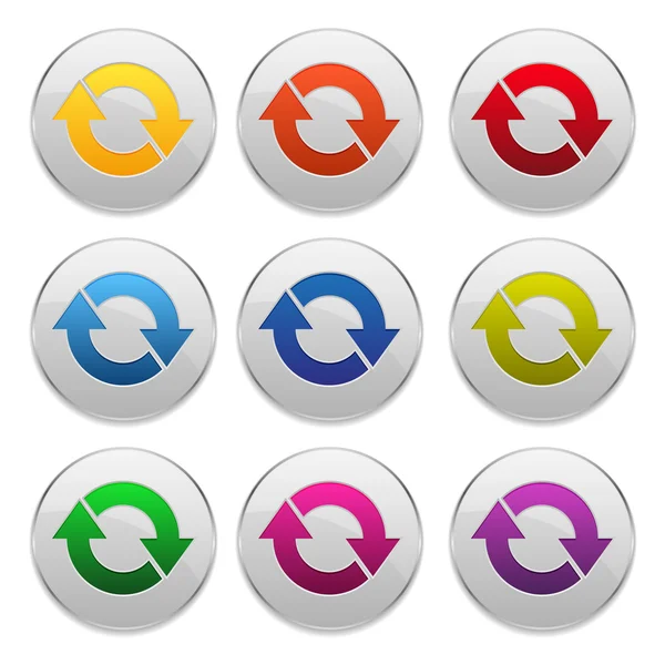 Серые кнопки с красочными стрелками - загрузка, загрузка — стоковый вектор