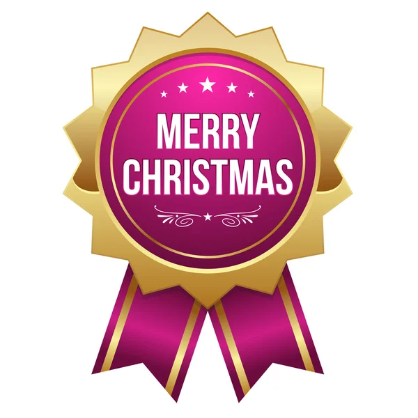 Purple round merry christmas badge with ribbon — Stock Vector
