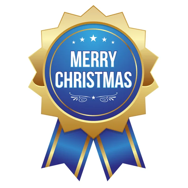 Blue round merry christmas badge with ribbon — Stock Vector