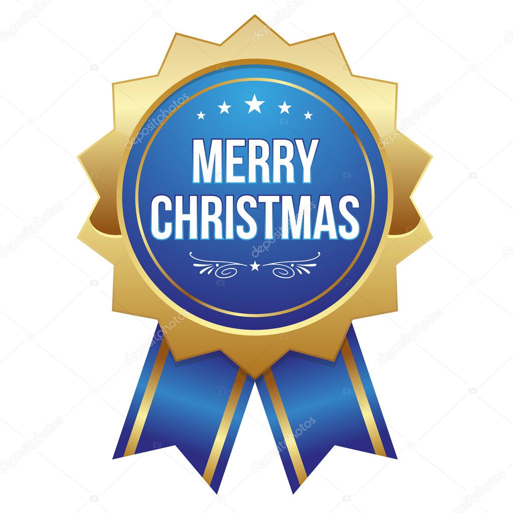 Blue round merry christmas badge with ribbon