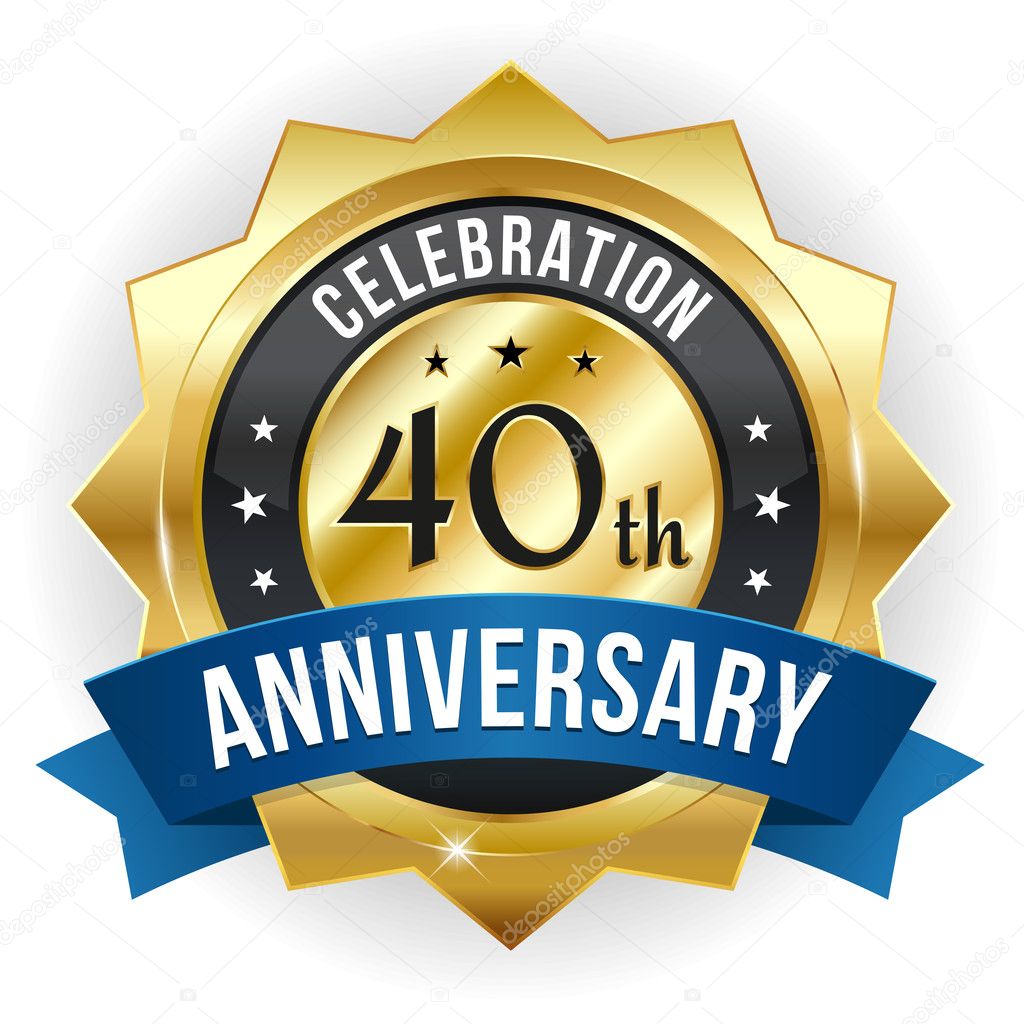 Gold fourty year anniversary badge with blue ribbon