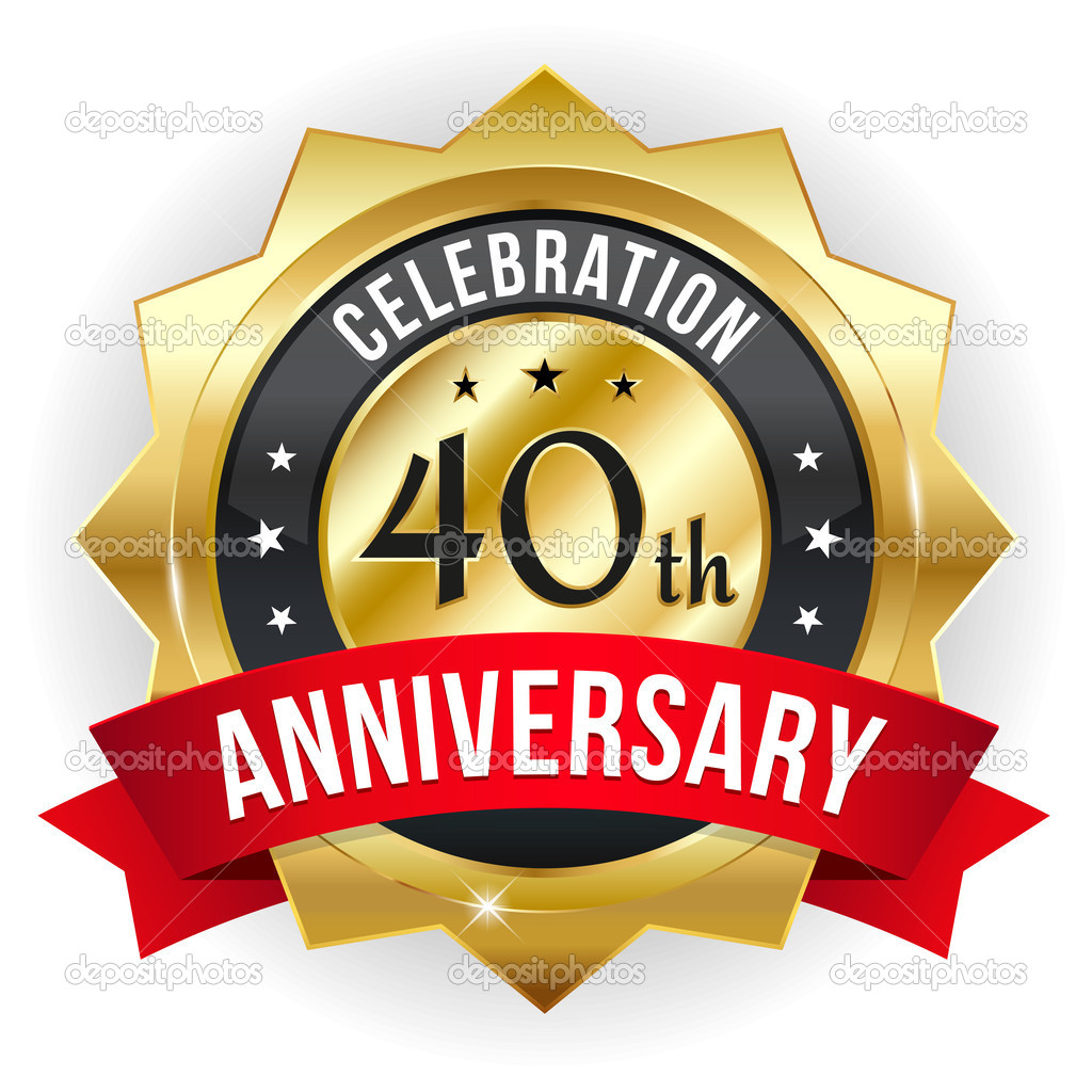 Gold fourty year anniversary badge with red ribbon