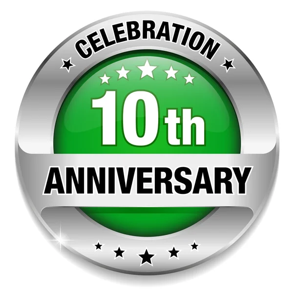Green 10 year anniversary button — Stock Vector