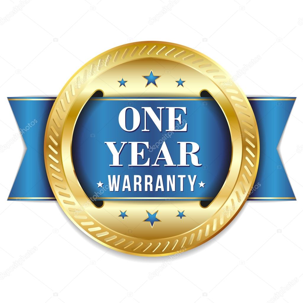 Blue one year warranty button