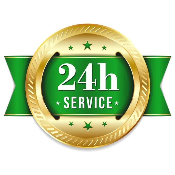 Bouton de service 24 heures vert doré — Image vectorielle
