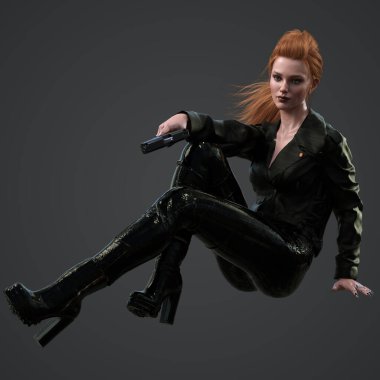 Deri ceketli ve topuklu tabancalı güzel seksi kadın Hitman 'ın 3 boyutlu tasviri Karanlık Arkaplanda yalnız poz verdirildi