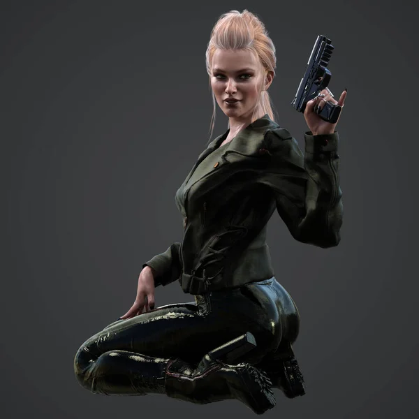 Deri ceketli ve topuklu tabancalı güzel seksi kadın Hitman 'ın 3 boyutlu tasviri Karanlık Arkaplanda yalnız poz verdirildi