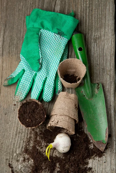 Garden tools with ground — Stock Photo, Image