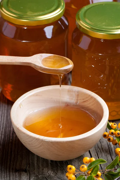 Pots and bowl with honey and berries — Stock Photo, Image